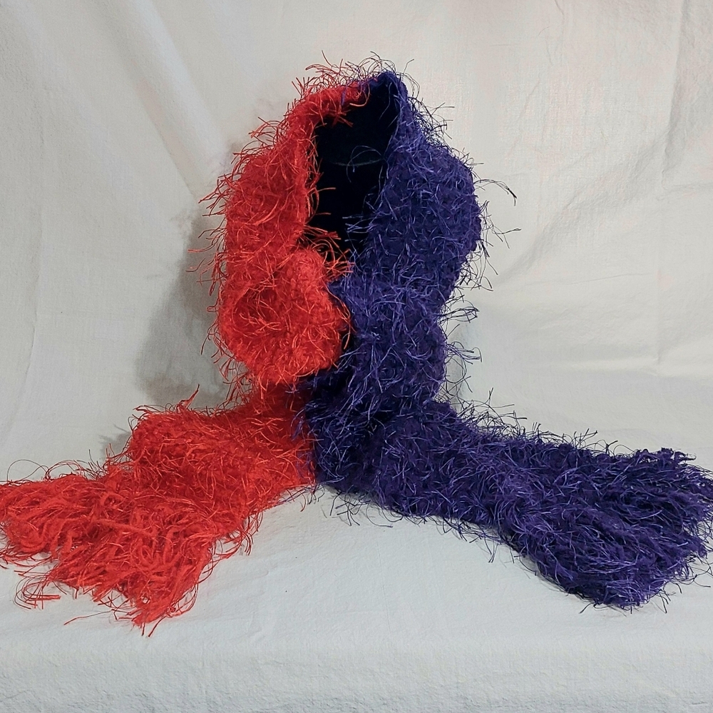 Handmade Knitted Red and Purple Fuzzy Scarf